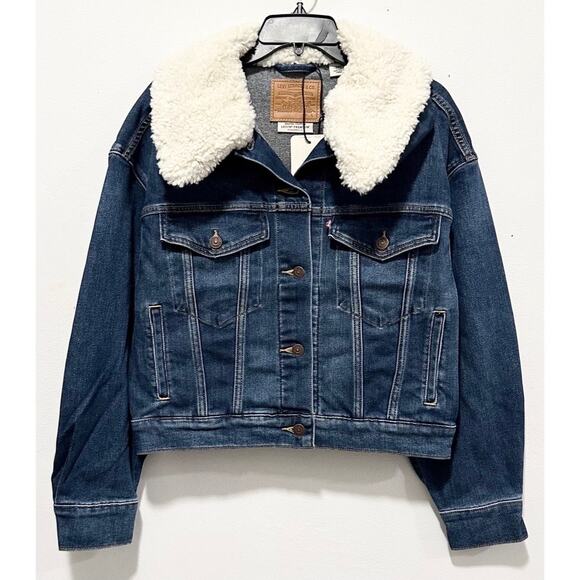 NWT: Levi's - Women's Baby Bauble, Dark-wash, Sherpa Denim Trucker Jacket (S) - Picture 1 of 2